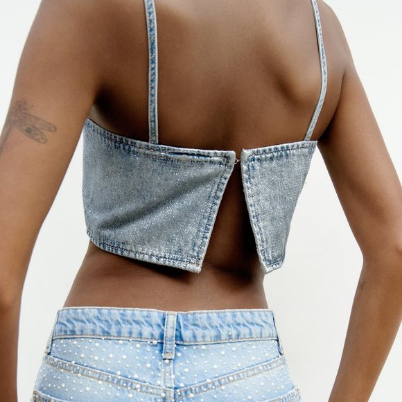 🆕 ZARA DENIM CROP TOP WITH RHINESTONES | ZARA DENIM - Picture 10 of 12